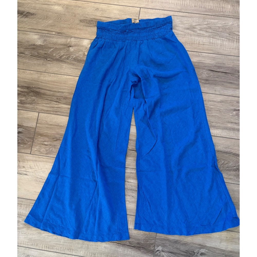 Free People Free-Est Smocked Wide Leg Linen Blend Beach Pants Blue Medium NWOT